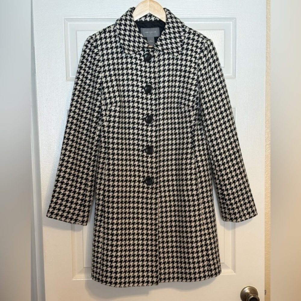 Ann Taylor Houndstooth Black White Wool Blend Outerwear Peacoat Jacket Size 6